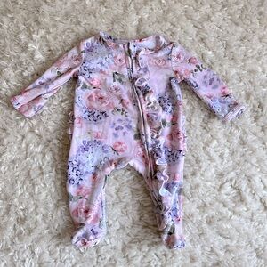 Caden lane newborn sleeper in Henlee’s Hydrangea pattern.